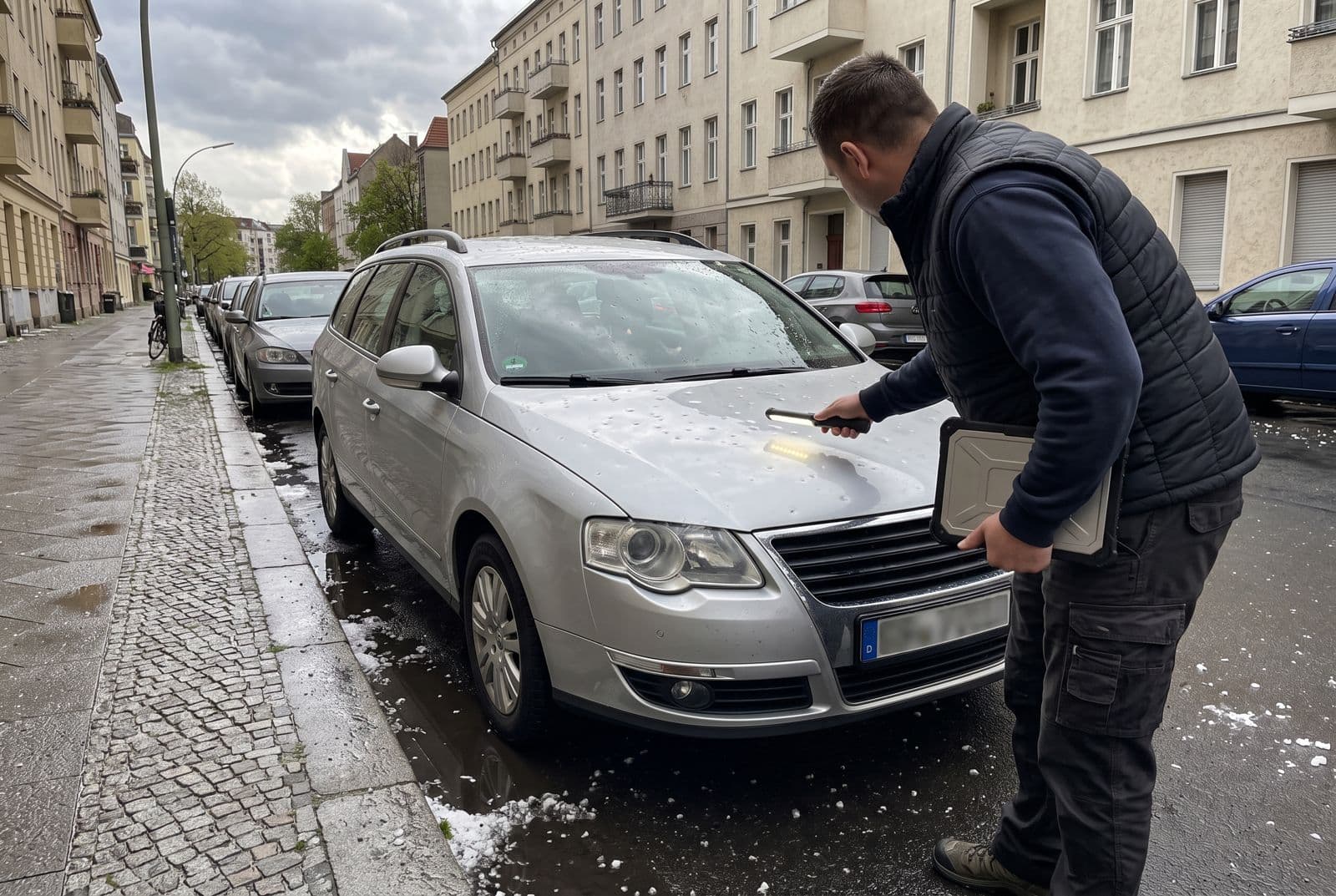Sachverständiger leuchtet mit einer Prüflampe die Hageldellen auf der Motorhaube eines silbernen Kombis in einer Berliner Wohnstraße ab