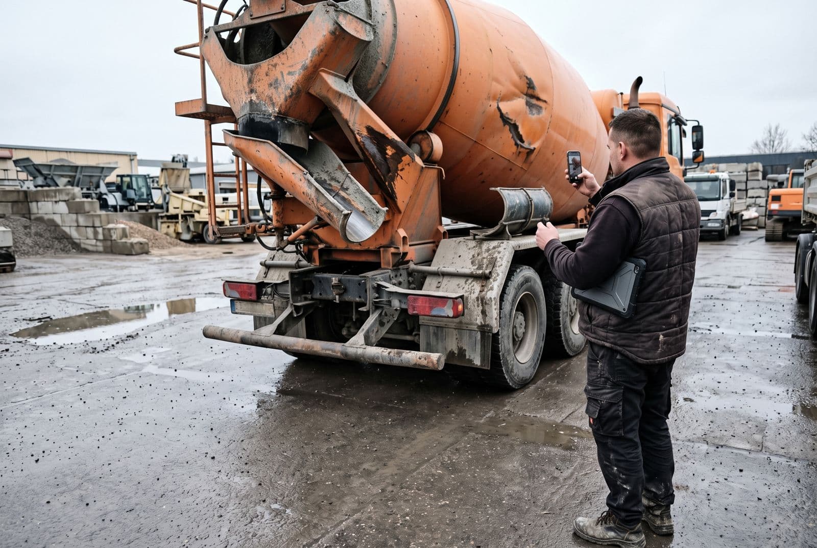 Sachverständiger fotografiert die beschädigte Mischtrommel eines Betonmischers auf einem Betriebshof